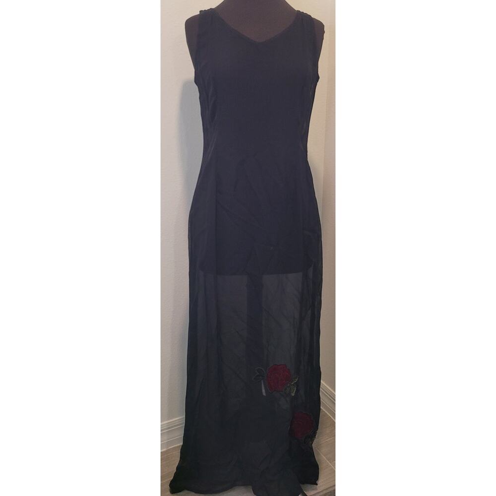 Johnny Was Black Mesh Maxi Dress M Embroidered Roses Boho Luxe
